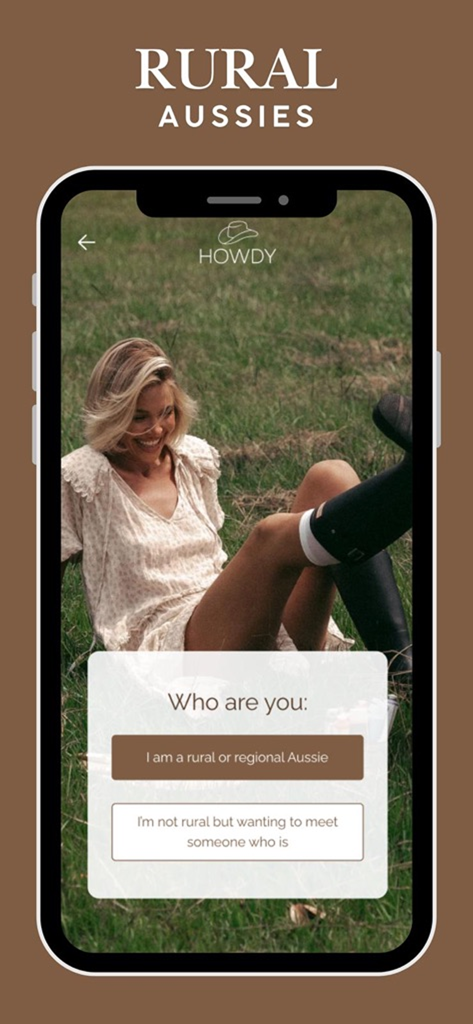 Howdy Global - Pantalla de incorporación de la app Howdy Global preguntando si el usuario es residente rural o regional
