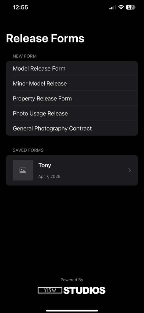 Main dashboard of the Model Release Form app showing options to create new model releases or property releases