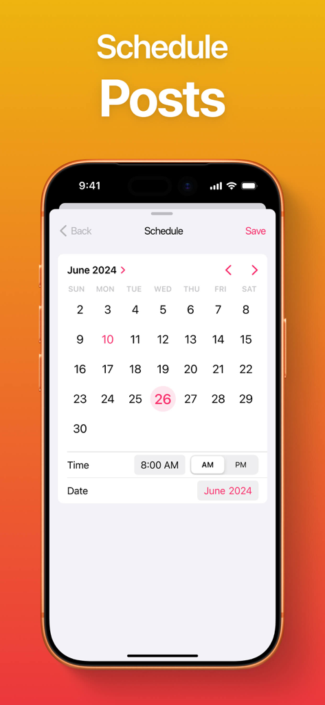 Repost for Instagram + - A mobile app interface displaying a monthly calendar to schedule social media posts
