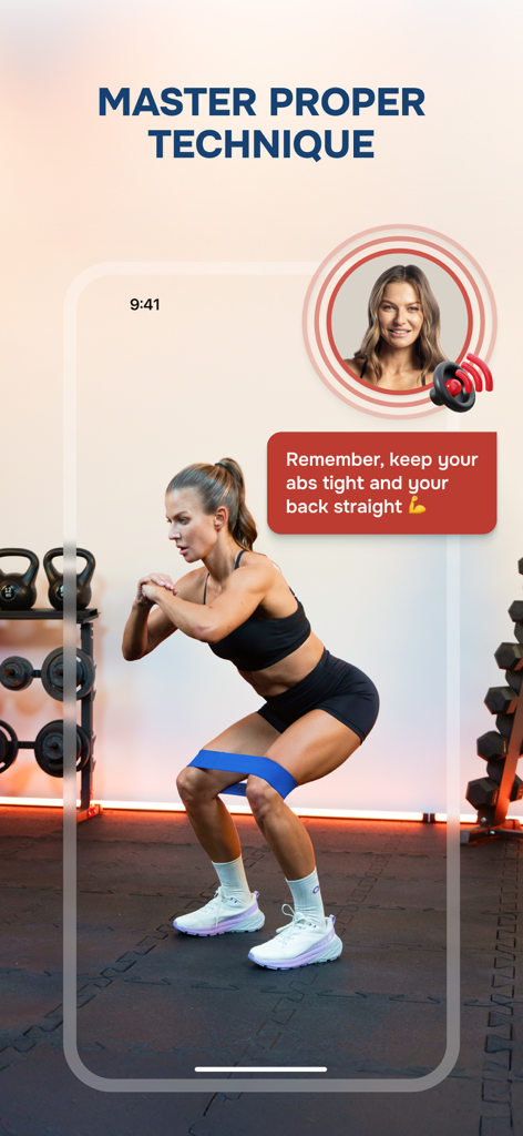 Diet & Training by Ann - 音声ガイド付きのワークアウトのヒントに従い、レジスタンスバンドを使ってスクワットを行う女性。