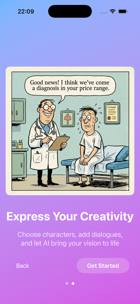 Editorial Cartoon Maker app interface showing an AI generated satirical medical cartoon and a prompt to express creativity