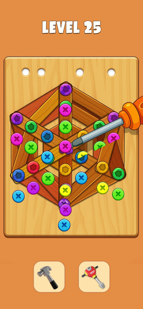 Nuts & Bolts Screw Jam Game - A level of the Nuts and Bolts Screw Jam game showing colorful screws on wooden planks with a screwdriver.