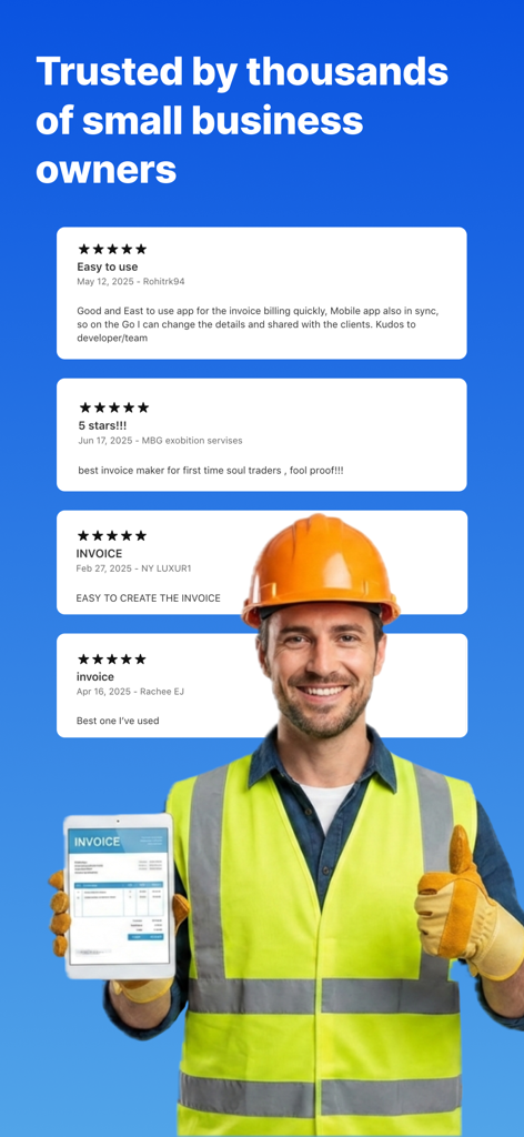 Simple Invoice Bill Maker - A smiling contractor gives a thumbs up while holding a tablet showing an invoice next to five star user reviews