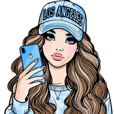 realistic beautiful girl wearing los ángeles cap holding an iphone