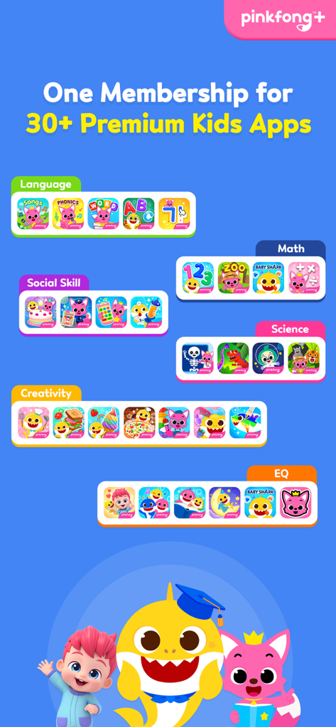 Baby Shark Coloring Book - Promotion for Pinkfong Plus membership showing over 30 educational apps for kids categorized by subjects like math science and creativity