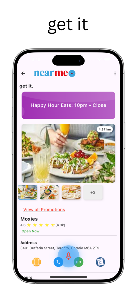 near me ® - A smartphone showing the near me app restaurant profile page with business details, photos, and local promotions