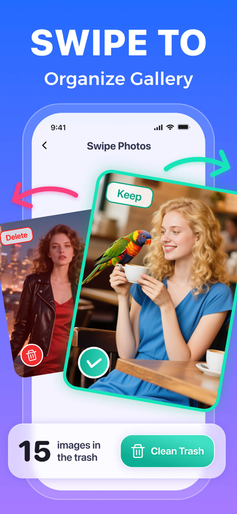 사진을 보관하려면 오른쪽으로, 삭제하려면 왼쪽으로 스와이프할 수 있는 스와이프 정리 기능이 있는 모바일 앱 인터페이스를 보여줍니다.