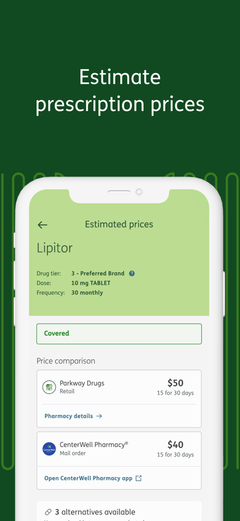 MyHumana - Interfaz de la aplicación MyHumana que muestra los precios estimados de las recetas y comparaciones de costos de farmacia para Lipitor