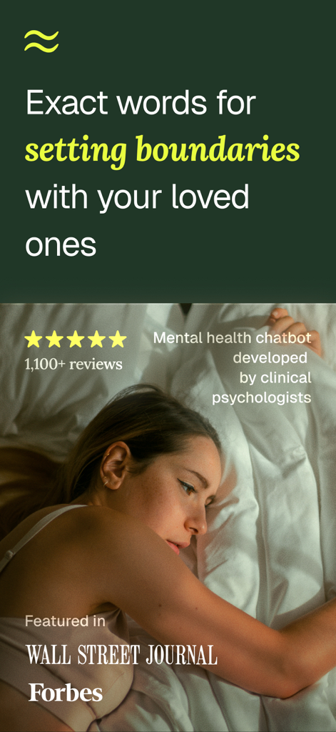 Elomia: Mental Health AI - Elomia mental health AI app promotional screen showing a woman in bed with text about setting boundaries and features in Forbes and Wall Street Journal.
