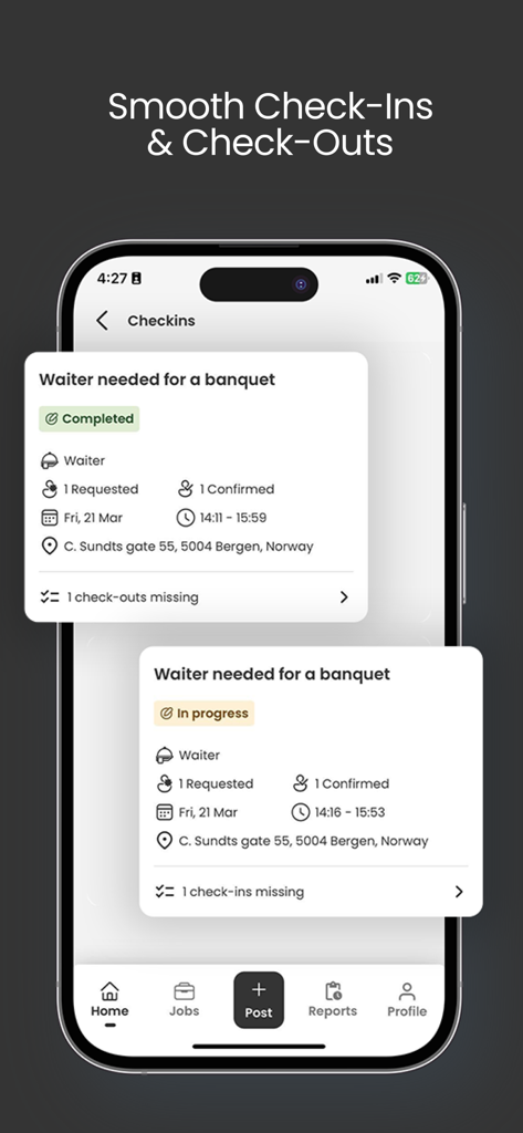 Time2Staff - Interface de l'application mobile Time2Staff montrant la gestion des services avec le statut de début et de fin de service pour les travailleurs de l'hôtellerie.