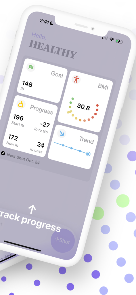 Mobile app interface for tracking weight loss, BMI, and injection schedule with a progress summary