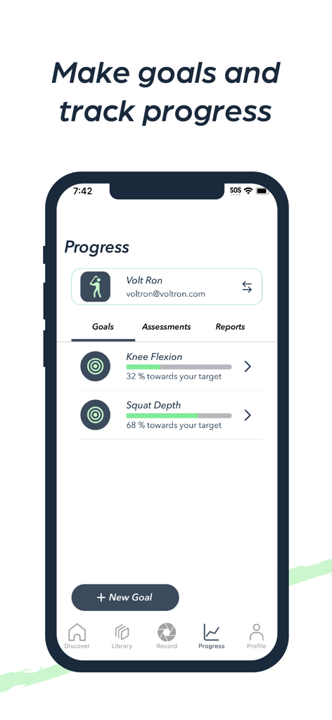 Yogger: Movement Analysis App - Mobile app interface showing progress bars for knee flexion and squat depth goals.