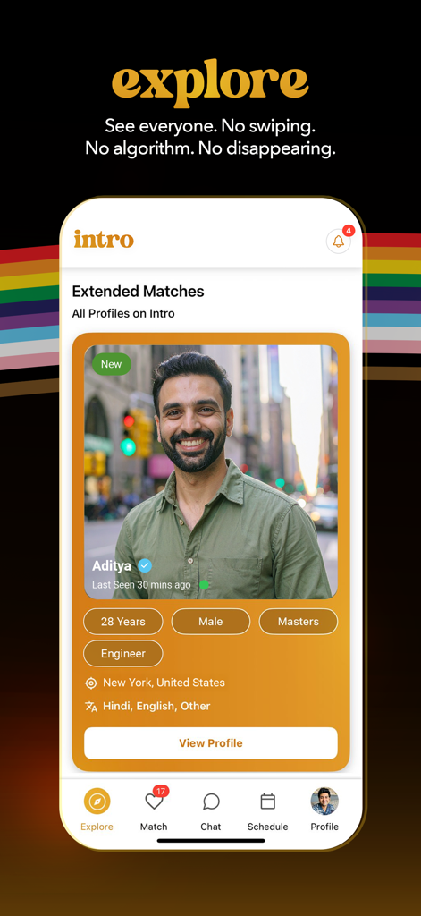 Intro - Queer Desi Dating - Intro app Explore screen showing a user profile for Aditya a 28 year old professional from New York