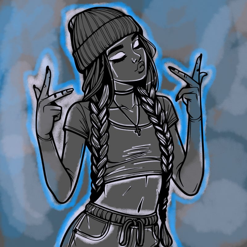 realistic teenage girl with braids and a beanie and crop top doing 🫶🏼