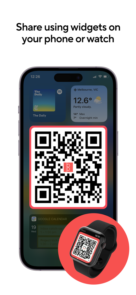 iPhone and Apple Watch displaying Blinq digital business card QR code widgets