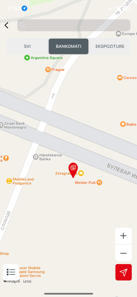 Map view within the Ziraat Bank Montenegro mobile app showing the location of ATMs and bank branches.