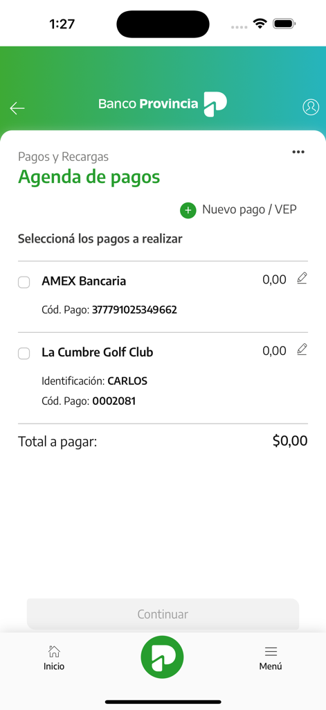 BIP Móvil - Interfaz de la aplicación de banca móvil BIP Movil mostrando la pantalla de agenda de pagos para programar y pagar facturas