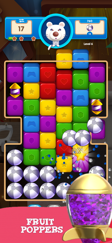 Fruit Poppers Fun Puzzle Game - Nivel de juego de puzzle Fruit Poppers con coloridos bloques y pelotas de playa