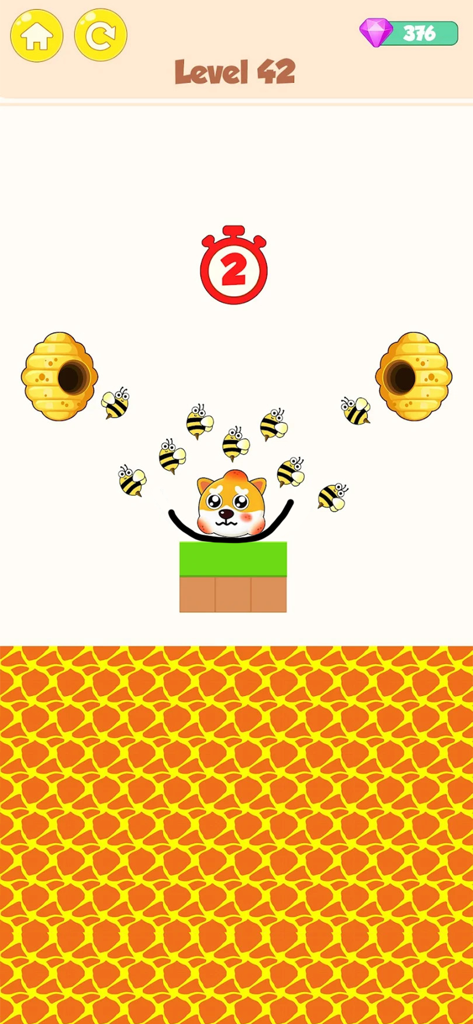 Save My Doggy - Dog Rescue - Un niveau de puzzle dans Save My Doggy où une ligne protège un chien des abeilles attaquantes