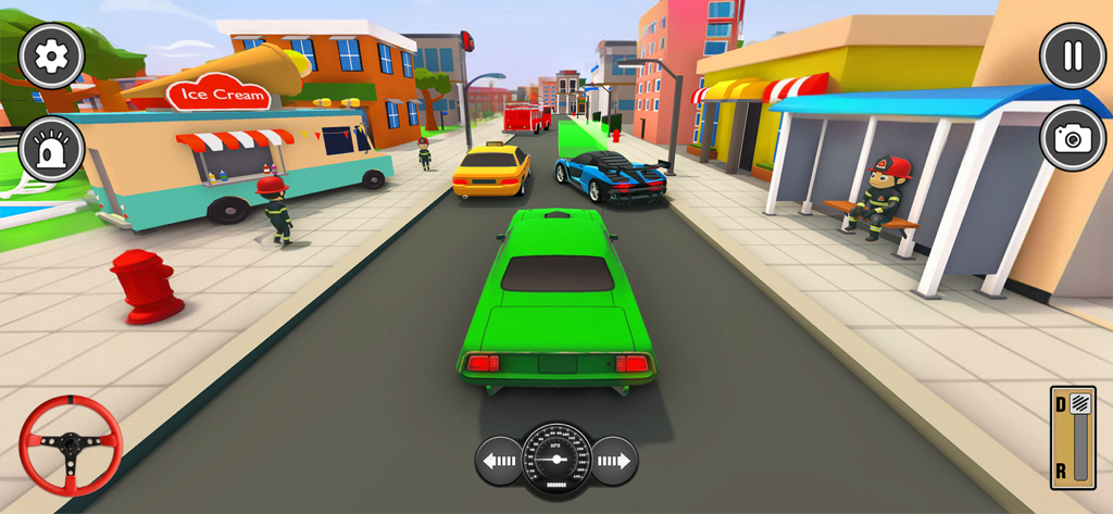 Dream Vehicle Car Driving Game - Un coche verde circulando por una colorida calle de ciudad de dibujos animados en un juego de simulación para móviles