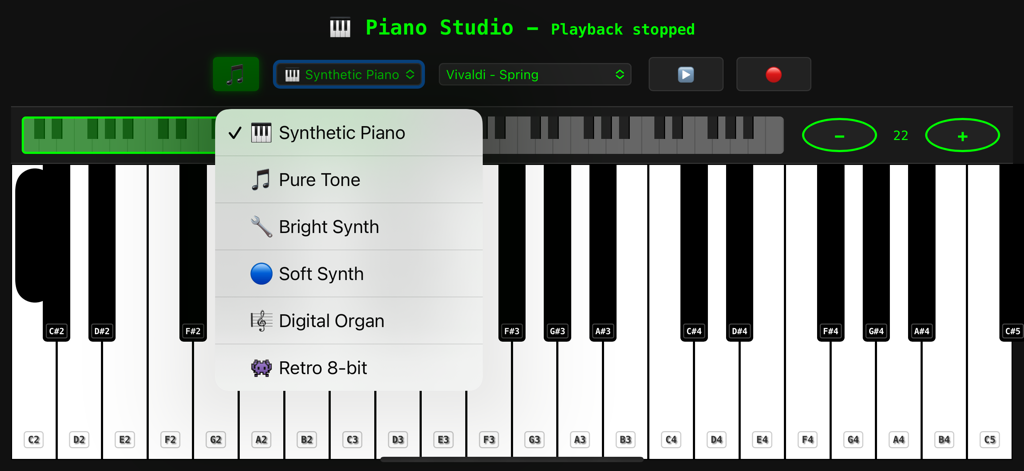 Interface do Piano Studio Mobile mostrando um menu de seleção de diferentes sons de instrumentos sobre um teclado de piano digital.
