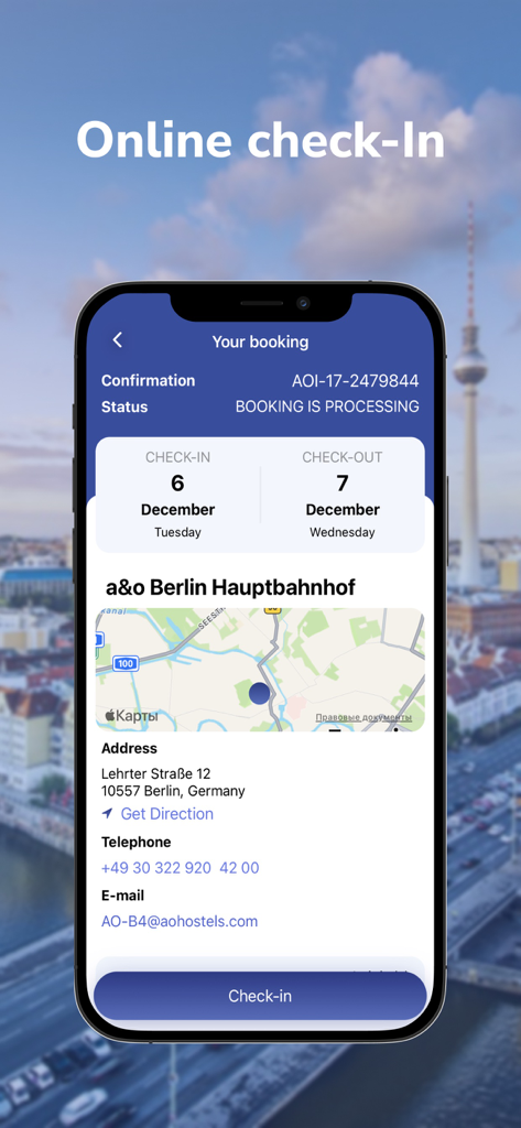 Schermata di check-in online dell'app a&o Hostels che mostra i dettagli della prenotazione per un soggiorno a Berlino