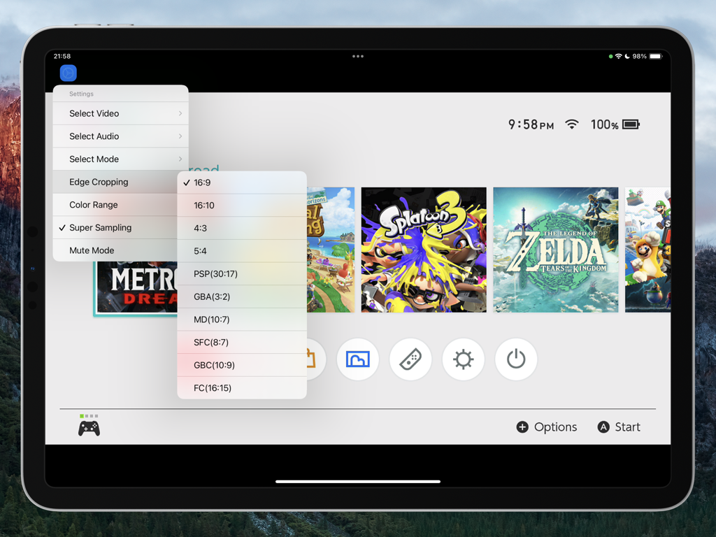 Console Link - アスペクト比とエッジクロッピング設定メニューが開いた状態で、Nintendo Switchインターフェースを表示しているiPad上のConsole Linkアプリ。