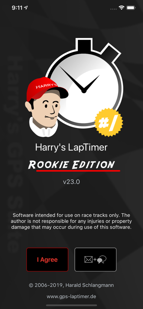 Splash screen of Harrys LapTimer Rookie Edition app featuring a stopwatch logo and user agreement.