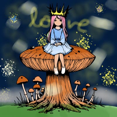 realistic girl sitting on a huge tree stump size toadstool with thorn crown