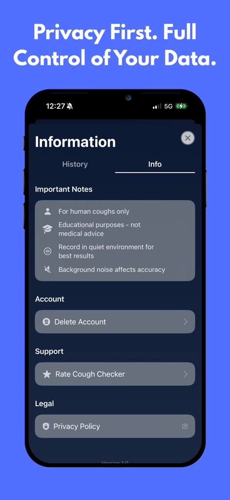 AI Cough Checker - Information screen of AI Cough Checker app emphasizing privacy and data control.