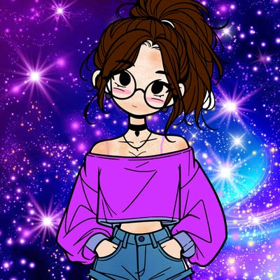 girl with a messy ponytail glasses a baggy crop top and jean shorts