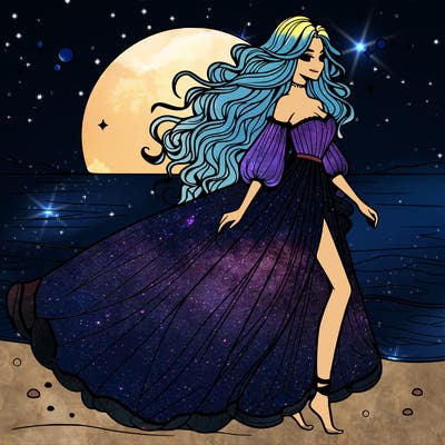 beautiful woman with a vaporous long dress walking on the beach at the noon, detailed art