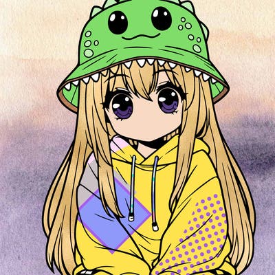girl with anime shaped eyes with a dinosaur bucket hat oversized sweatshirt long straight hair