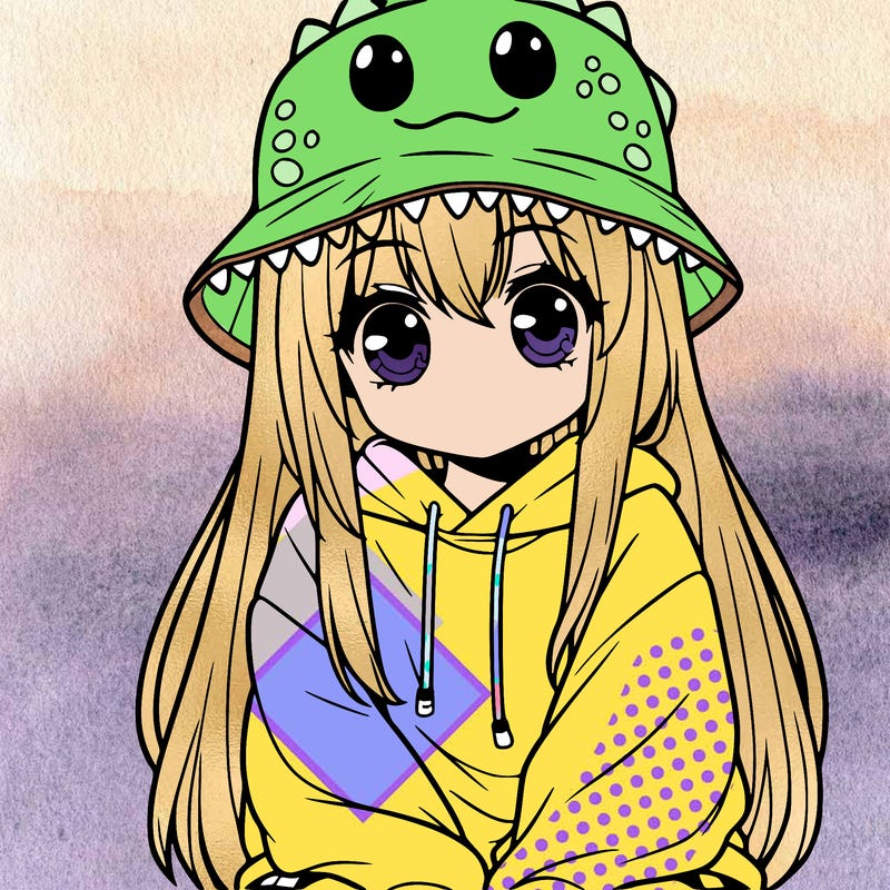 girl with anime shaped eyes with a dinosaur bucket hat oversized sweatshirt long straight hair