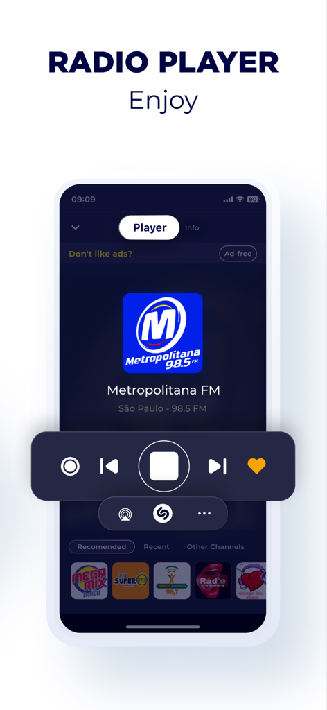 Radio Brazil app player interface showing Metropolitana FM station with playback controls