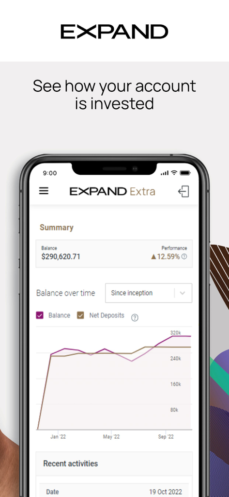 Expand - Expand app interface showing investment account balance performance and interactive balance graph over time
