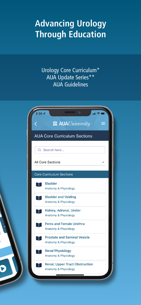 AUA University - Pantalla de teléfono inteligente que muestra las secciones del plan de estudios básico de urología de la aplicación AUA University, incluidos los módulos de anatomía y fisiología de la vejiga, el riñón y la próstata.