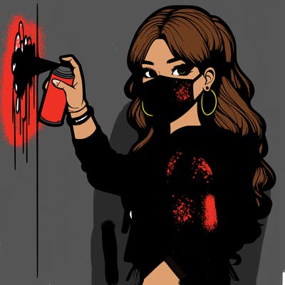 realistic girl with mask spray painting a wall