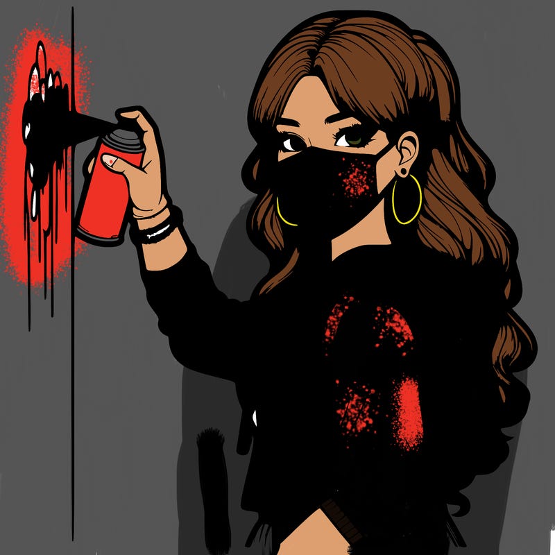 realistic girl with mask spray painting a wall