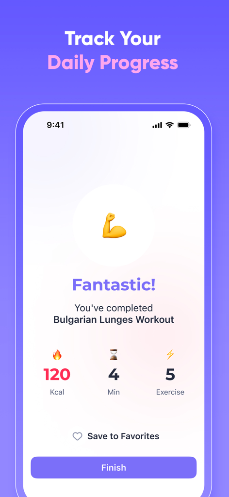 A mobile app screen showing completed workout statistics including calories burned and duration for Bulgarian lunges.
