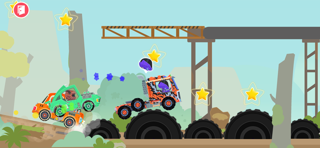 Car Racing Go Games for kids - 子供向けゲームで、3台のカラフルなカートゥーントラックが金色の星が散りばめられたタイヤの障害物を越えてレースしています。