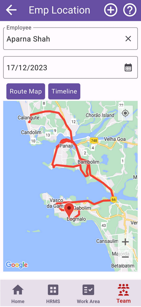 Employee location tracking screen in EazeWork app showing a route map and GPS movements on a map