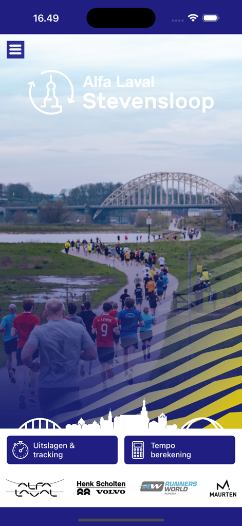 Stichting Zevenheuvelenloop - Home screen of the Alfa Laval Stevensloop event app featuring race tracking and pace calculation buttons