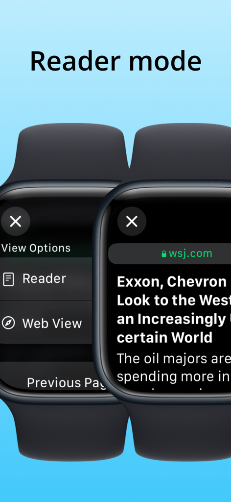 Watch Browser with Keyboard - Apple Watch browser showing the reader mode interface with a news article