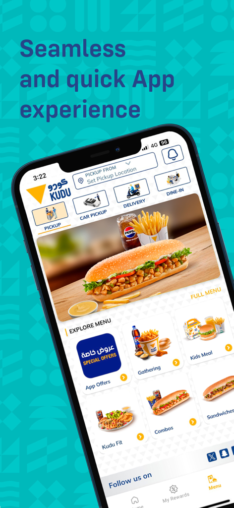 Interface de l'application mobile Kudu Restaurant affichant les catégories d'aliments comme les combos et les sandwichs avec des options de retrait et de livraison.