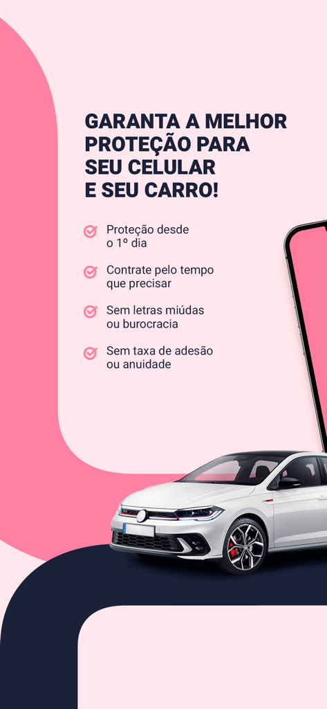 Pier app advertisement showing car and cellphone insurance with key benefits like no bureaucracy and flexible plans.