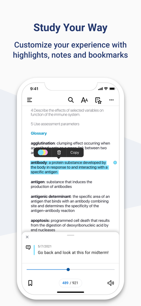 Glossário de livro didático de medicina com destaques de texto e notas de estudo pessoais no Elsevier eBooks plus