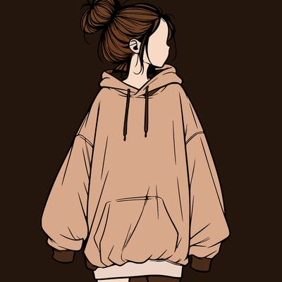 realistic girl with a oversized sweatshirt on and a bun