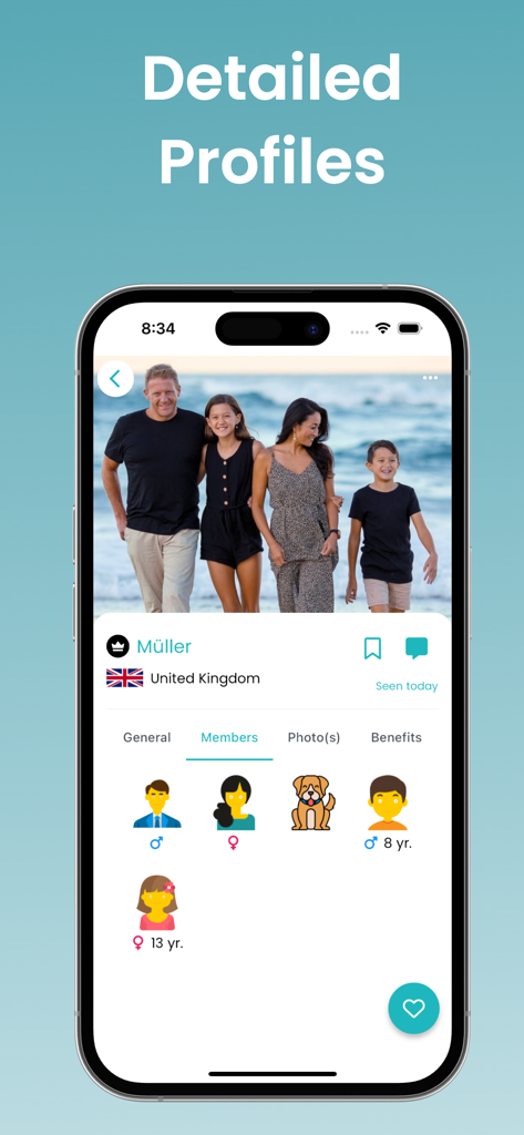 Pantalla de la aplicación móvil Aupair Valley mostrando un perfil detallado de familia anfitriona con fotos e información de los miembros
