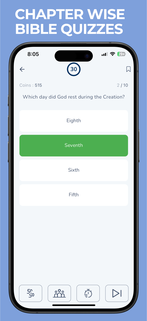 Biblia Trivia | Bible Quiz App - Una pantalla de pregunta de trivia bíblica de la aplicación Biblia Trivia que muestra una pregunta de opción múltiple sobre la Creación con la respuesta correcta "Séptimo" resaltada en verde.